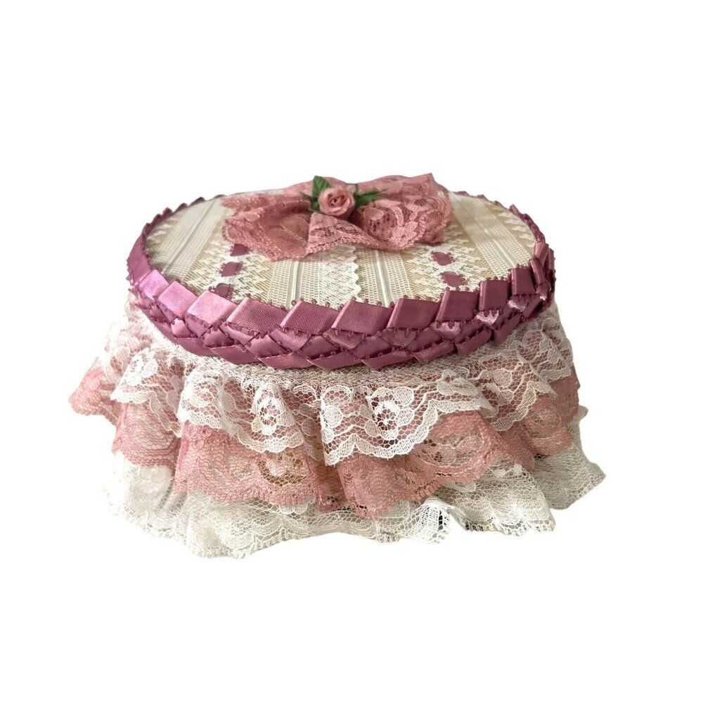 Victorian Handmade Lace Sewing Notions Trinket Box Jewelry VTG 8" Granny Core - Picture 4 of 12